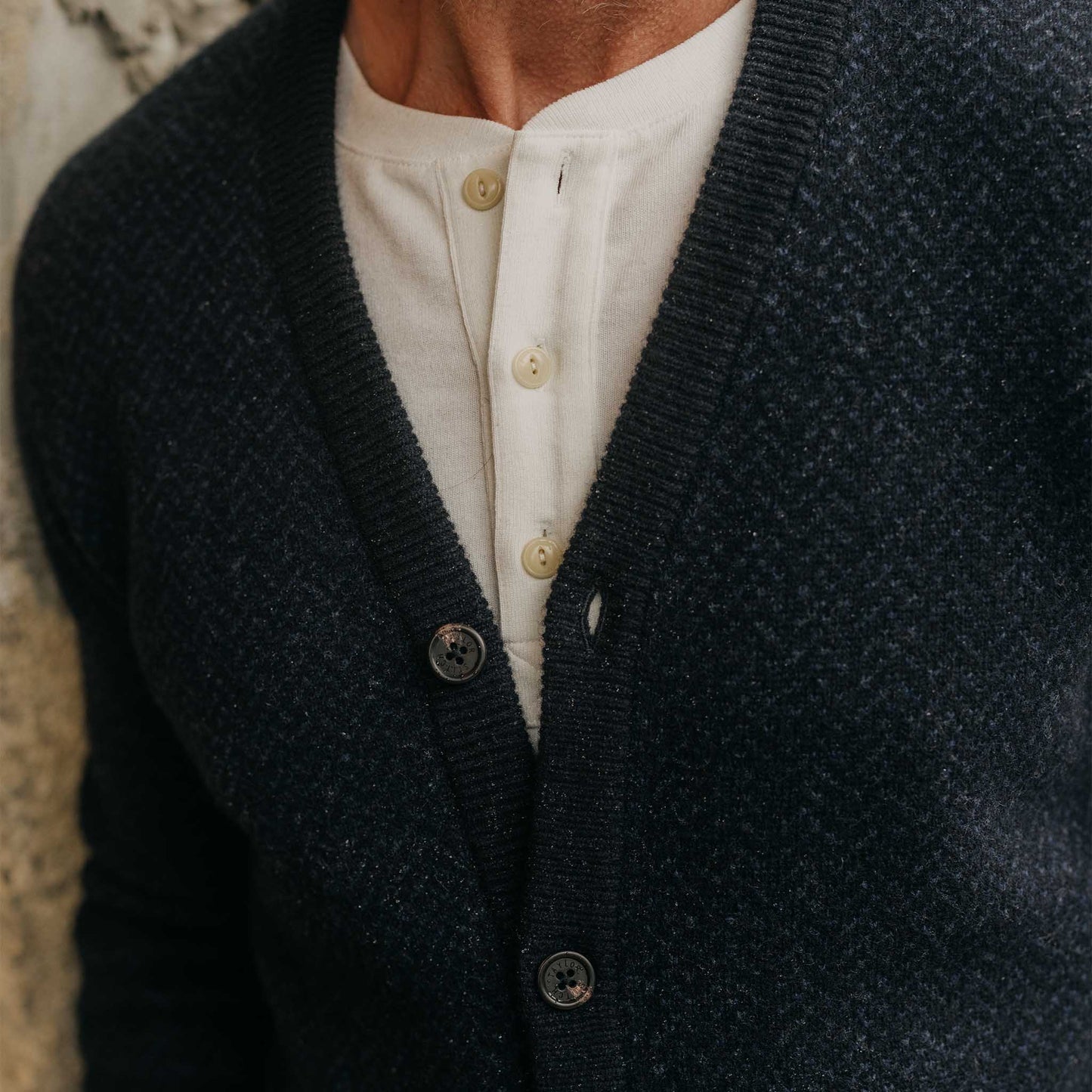 The Eddy Cardigan in Heather Marine Herringbone